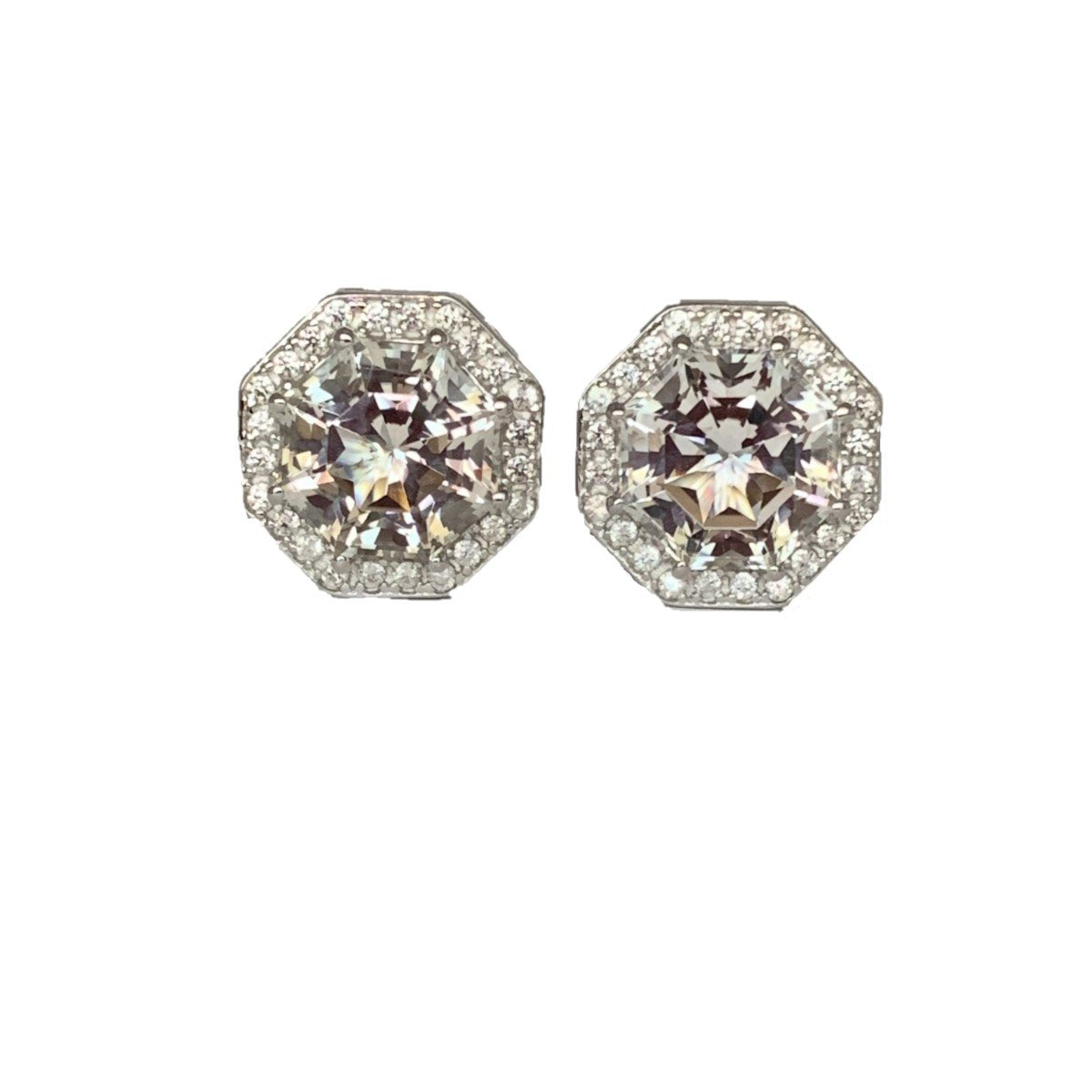 Classic Halo White Topaz-Diamond look FARA Cut & White Zircon Earring, Sterling Silver