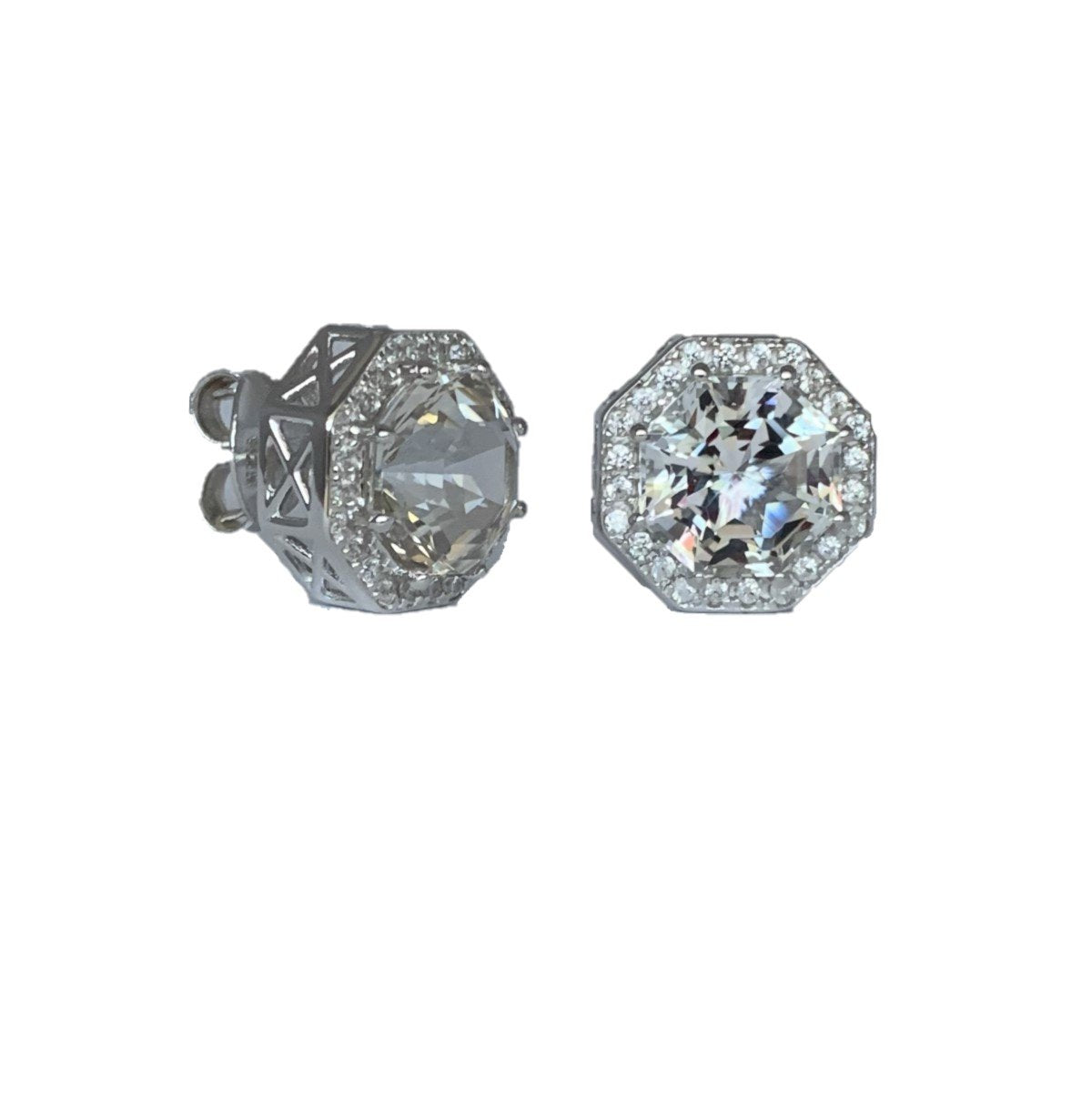 Classic Halo White Topaz-Diamond look FARA Cut & White Zircon Earring, Sterling Silver