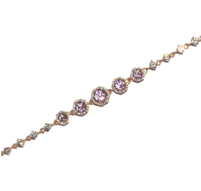 FARA Pink Amethyst with White Zircon Halo Link Bracelet, 18K Rose Gold plated Silver, Fine Jewelry for Women