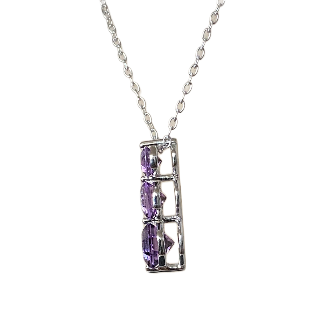 FARA Three Stone Amethyst Drop Pendant Necklace for Women, Sterling Silver with 18 inch Chain