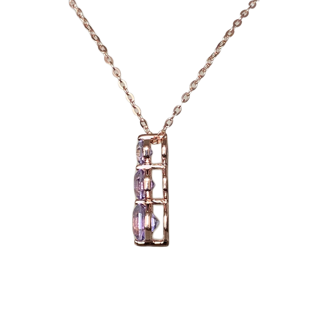 FARA Three Stone Pink Amethyst Drop Pendant Necklace,18K Rose Gold Plated Sterling Silver with 18 inch Chain
