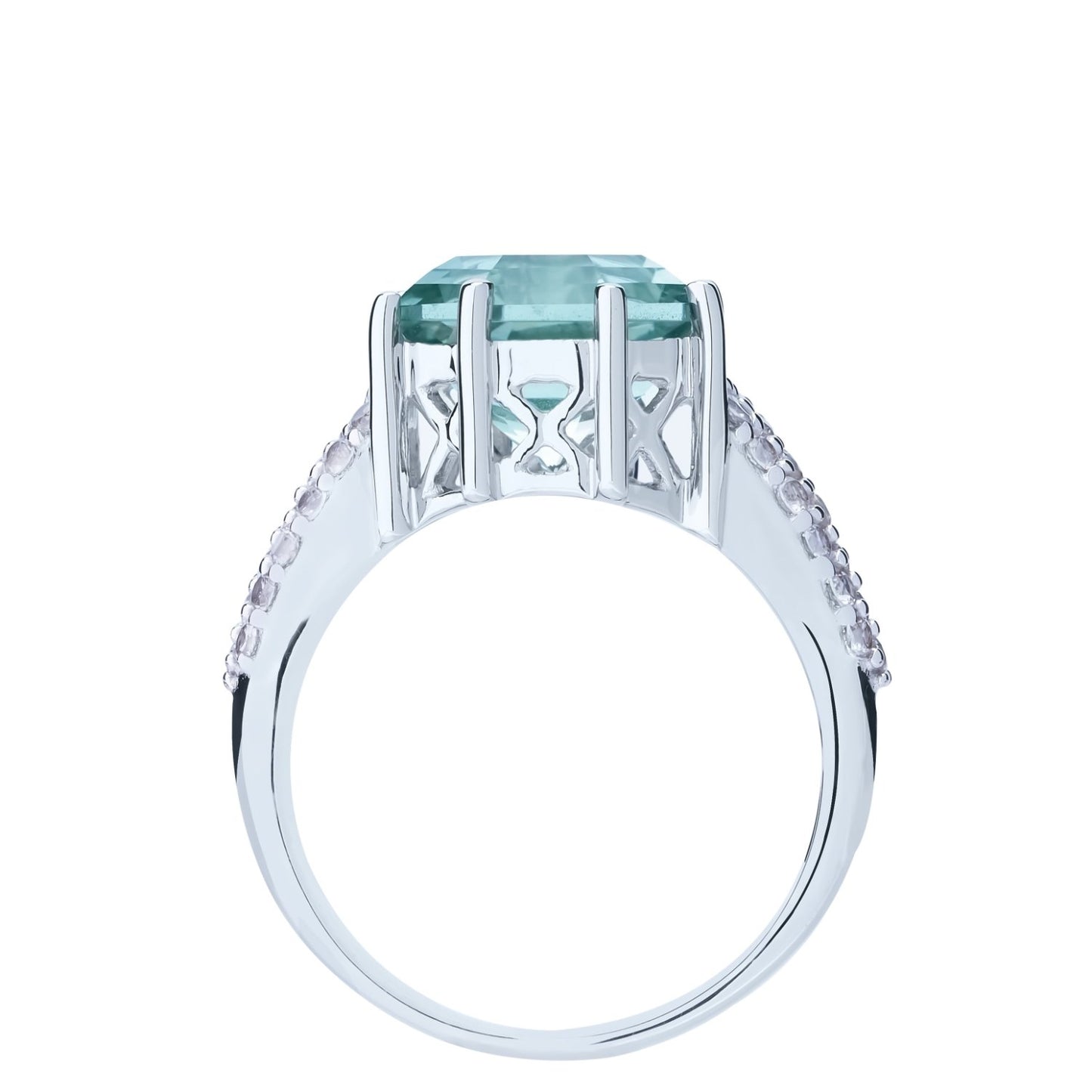 Classic Wide Pave Band Statement Prasiolite FARA Gem & Natural White Zircon Ring, Sterling Silver