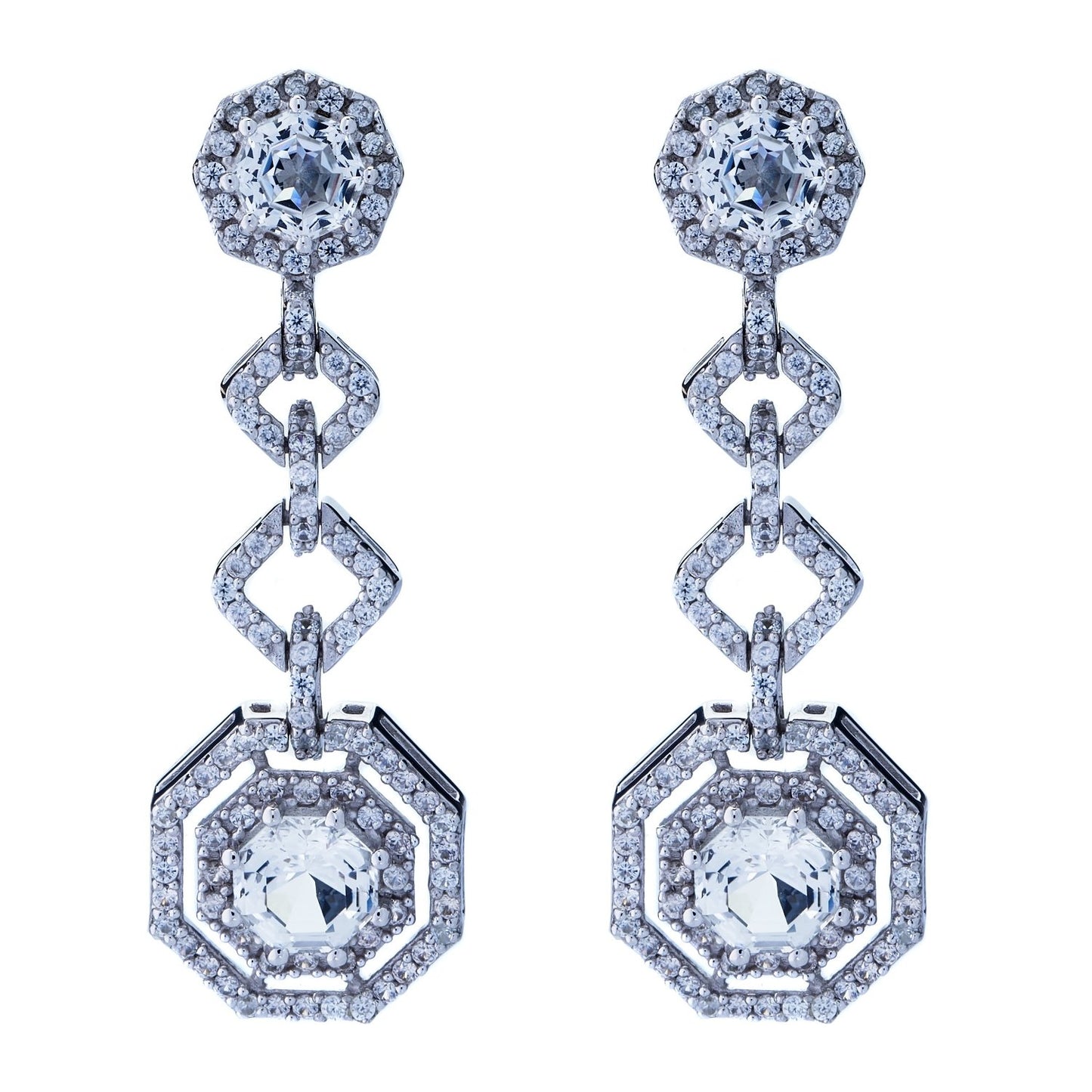Statement White Topaz-Diamond Look FARA Cut & White Zircon Link Drop Earrings, Silver