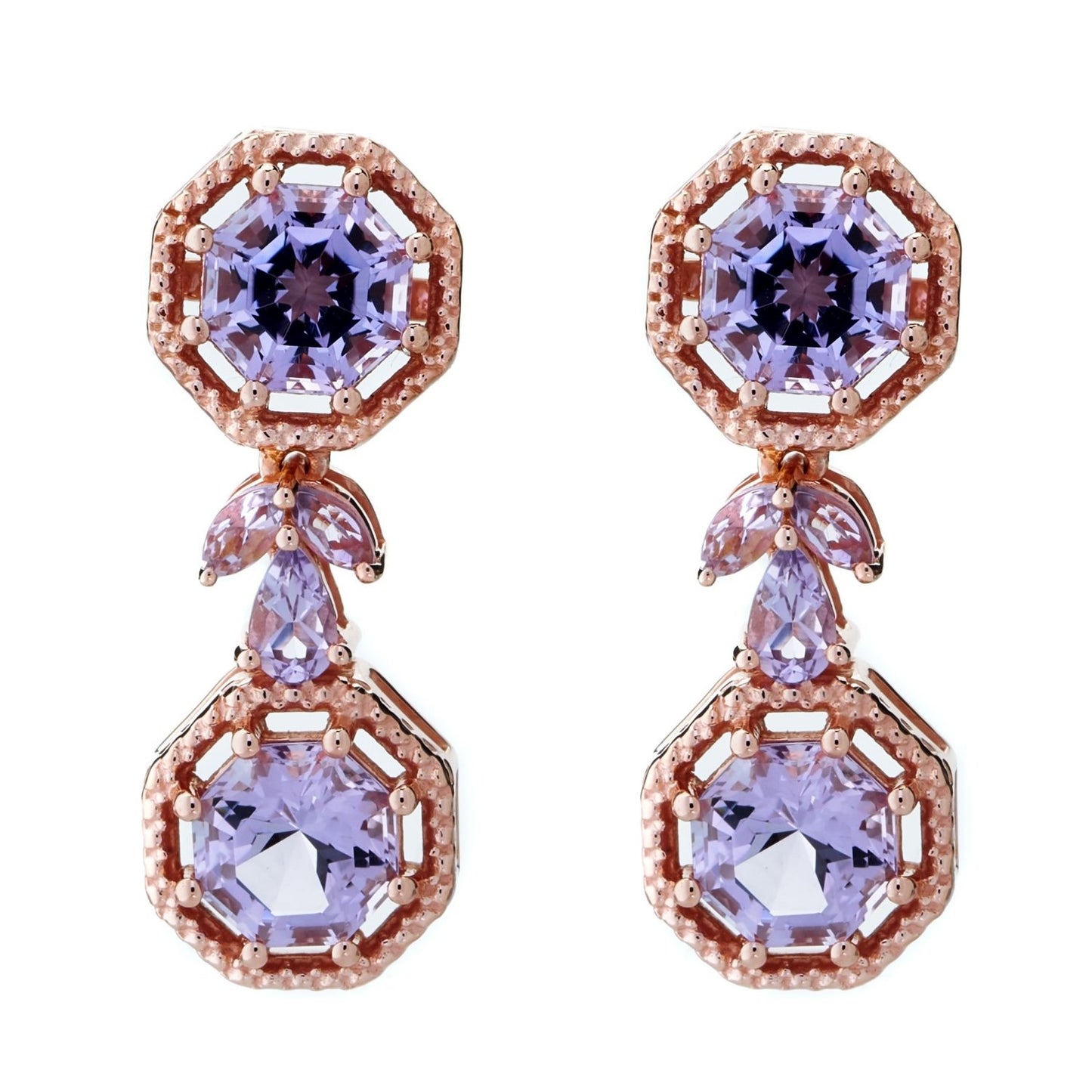 Classic Pink Amethyst FARA Cut & Marquise Drop Earring, 18K Rose Gold Plated Silver