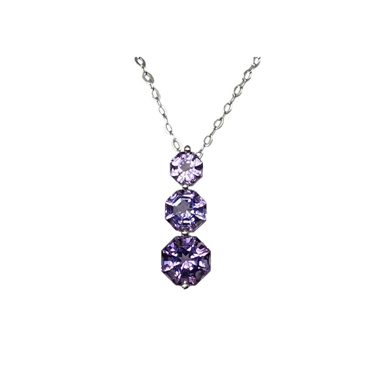 FARA Three Stone Amethyst Drop Pendant Necklace for Women, Sterling Silver with 18 inch Chain