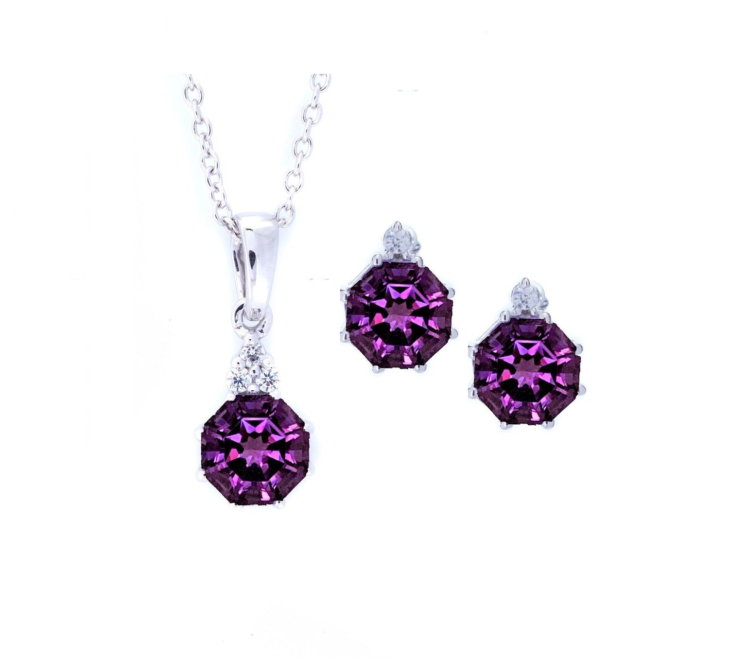 Necklace Earrings 2pc Set Amethyst & Natural White Zircon Sterling Silver 18 inch silver chain with extender for Women