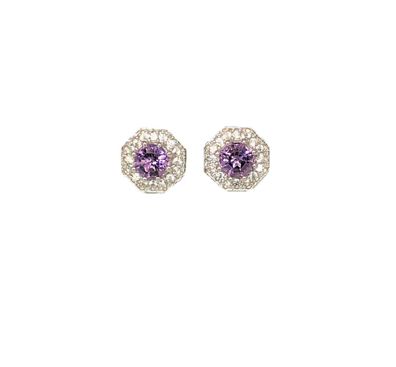 2.5ct. Amethyst & Natural White Zircon Halo Stud Earrings, Sterling Silver February birthstone fine jewelry gift for women