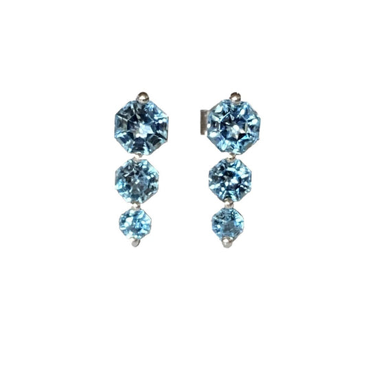 Three Stone Blue Topaz FARA Gem Earrings, Sterling Silver