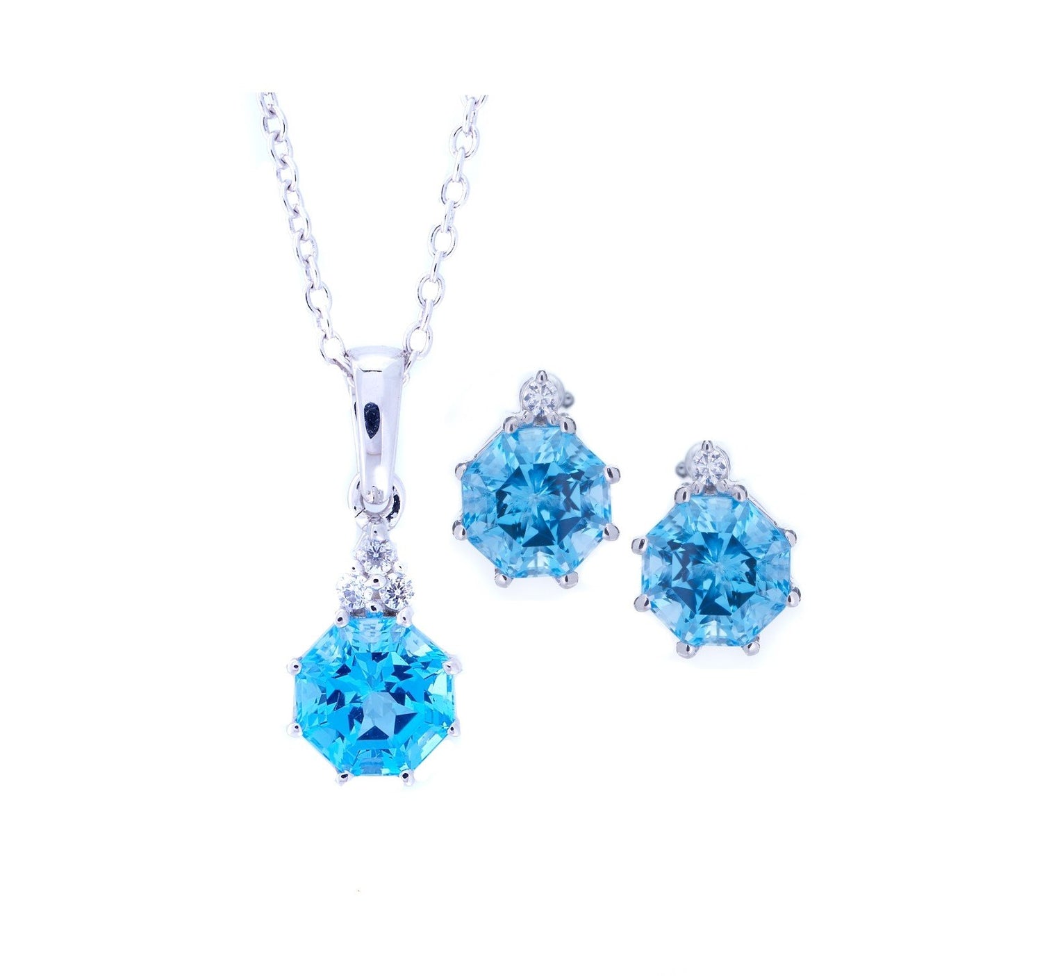 Classic 2pc Pendant-Earring Set with Blue Topaz & Natural White Zircon FARA Cut Sterling Silver