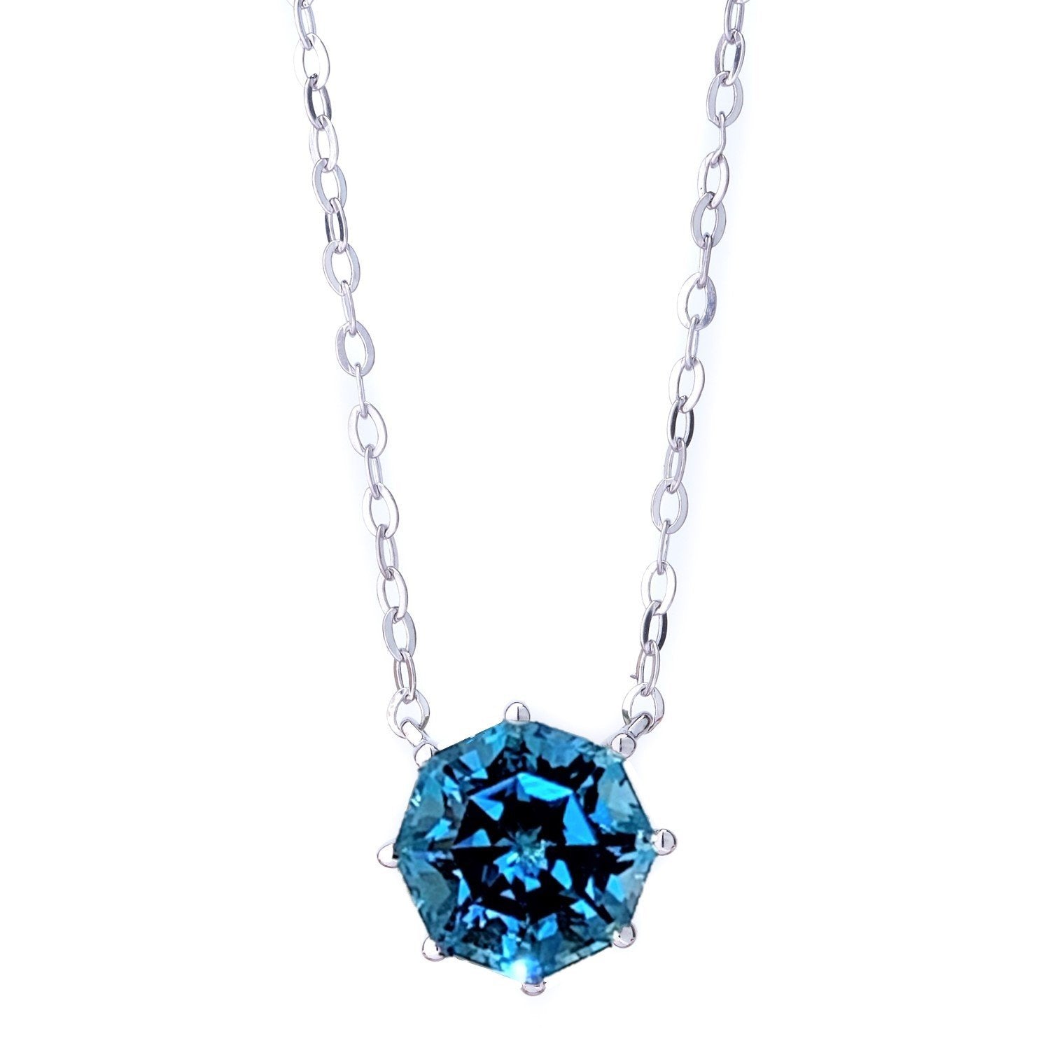 Classic Solitaire Blue Topaz FARA Cut Necklace, Sterling Silver