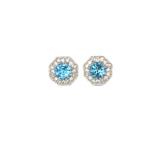 2.5ct. Blue Topaz & Natural White Zircon Halo Stud Earrings, Sterling Silver December birthstone fine jewelry gift for women