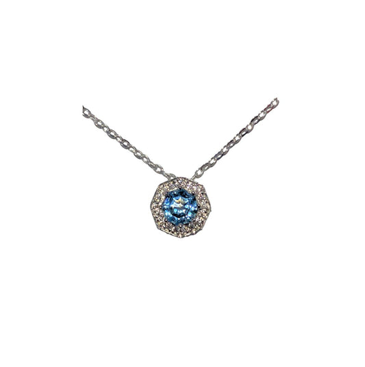 2ct. Blue Topaz & Natural White Zircon Halo Pendant Necklace, Sterling Silver, 18 inch Chain december birthstone fine jewelry women's jewelry gift