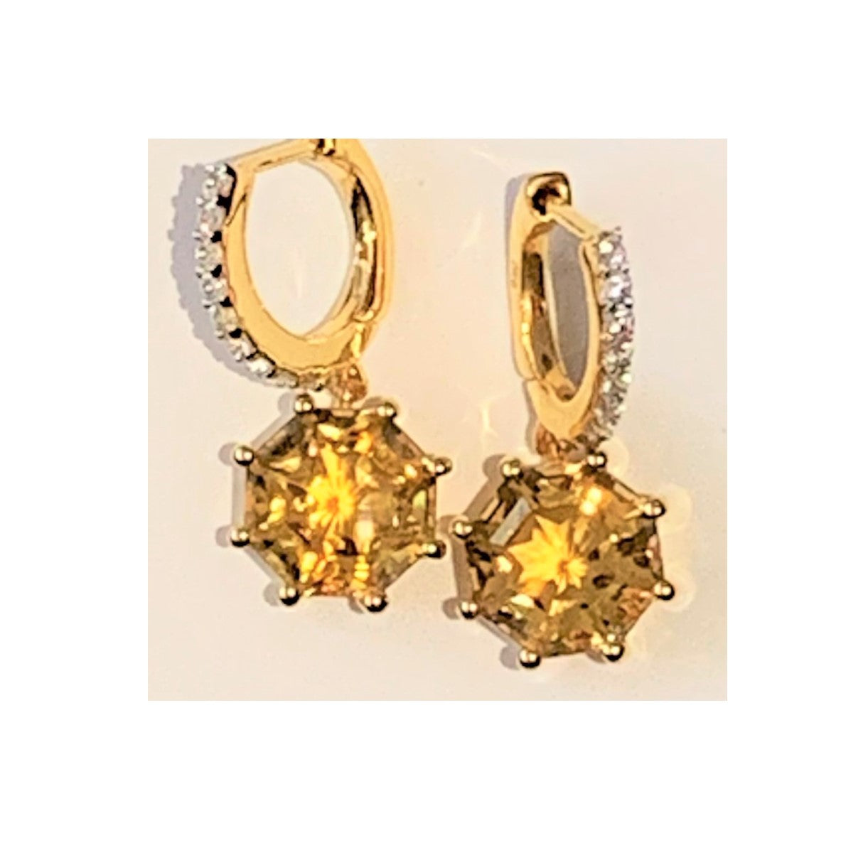 Classic Hoop Drop Citrine FARA Cut & White Zircon Earring, 18K Gold Plated Silver