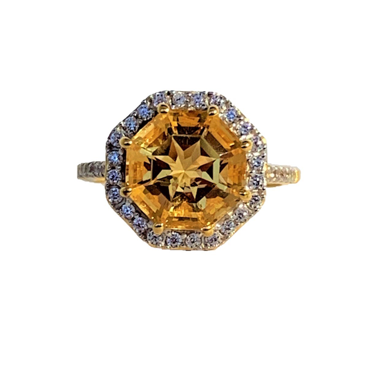 Statement Ring Citrine 18K Gold Plated Silver Classic Halo Citrine FARA Cut & White Zircon Ring, 18K Gold Plated Silver