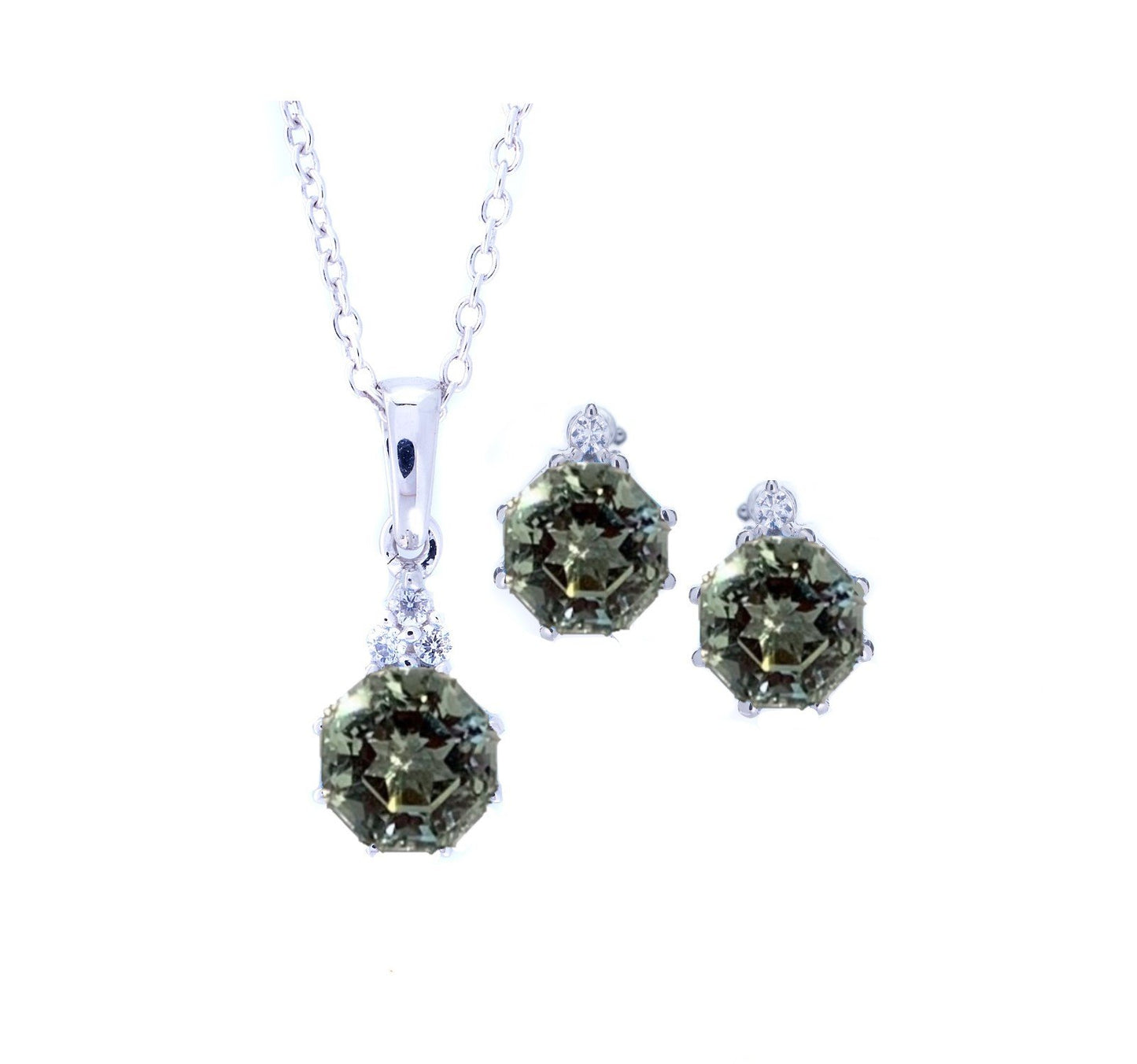Classic 2pc pendant earring set with FARA Cut Prasiolite Green Amethyst & natural white zircon Sterling silver