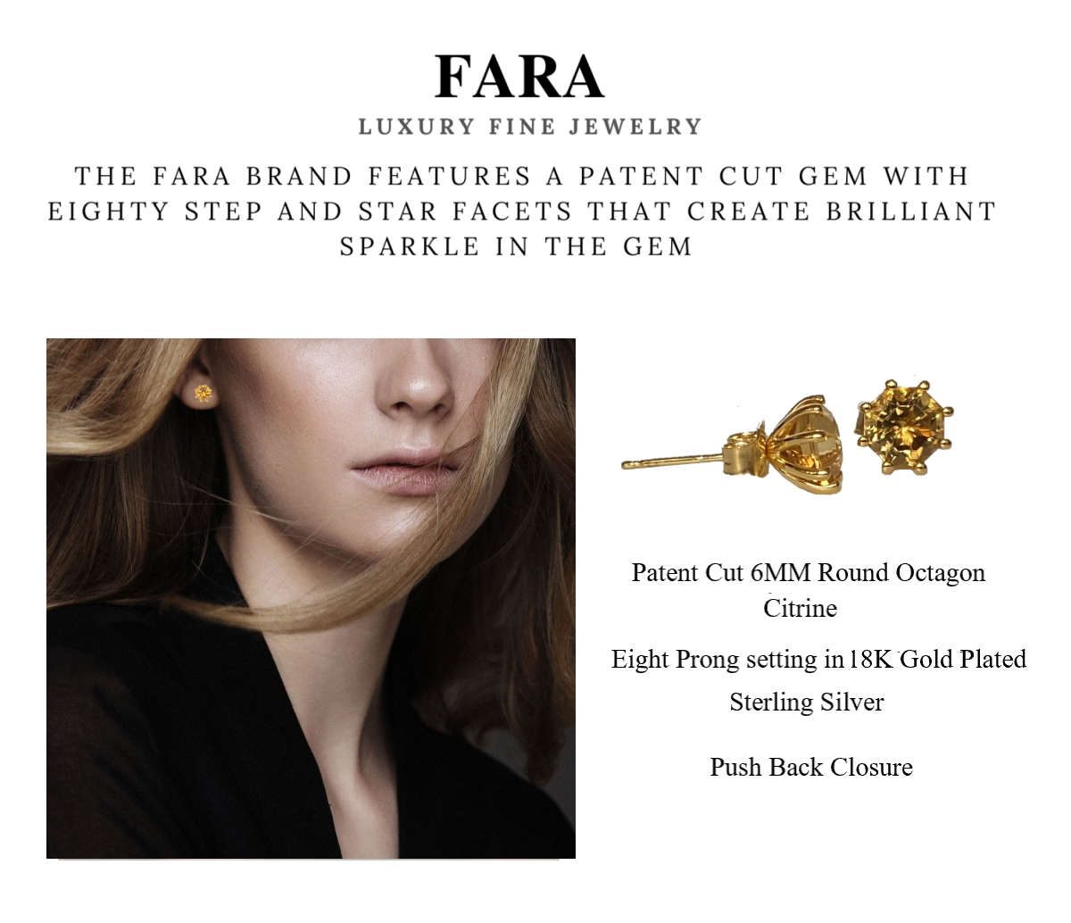 Classic Solitaire Citrine FARA Cut Stud Earring, 18K Gold Plated Sterling Silver