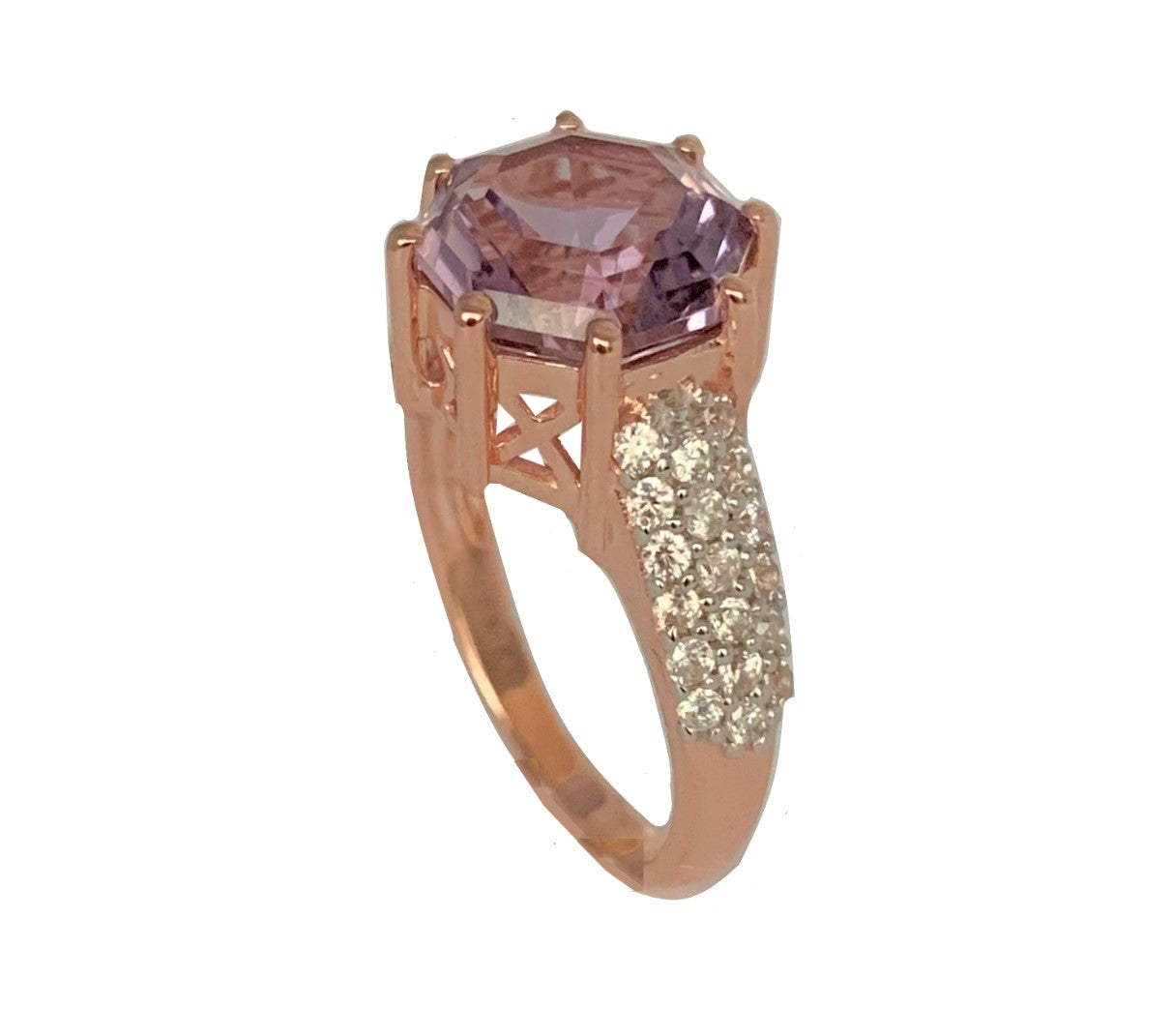 Classic Wide Pave Band Statement Pink Amethyst FARA Gem & White Zircon Ring,18K Rose Gold Plated Silver
