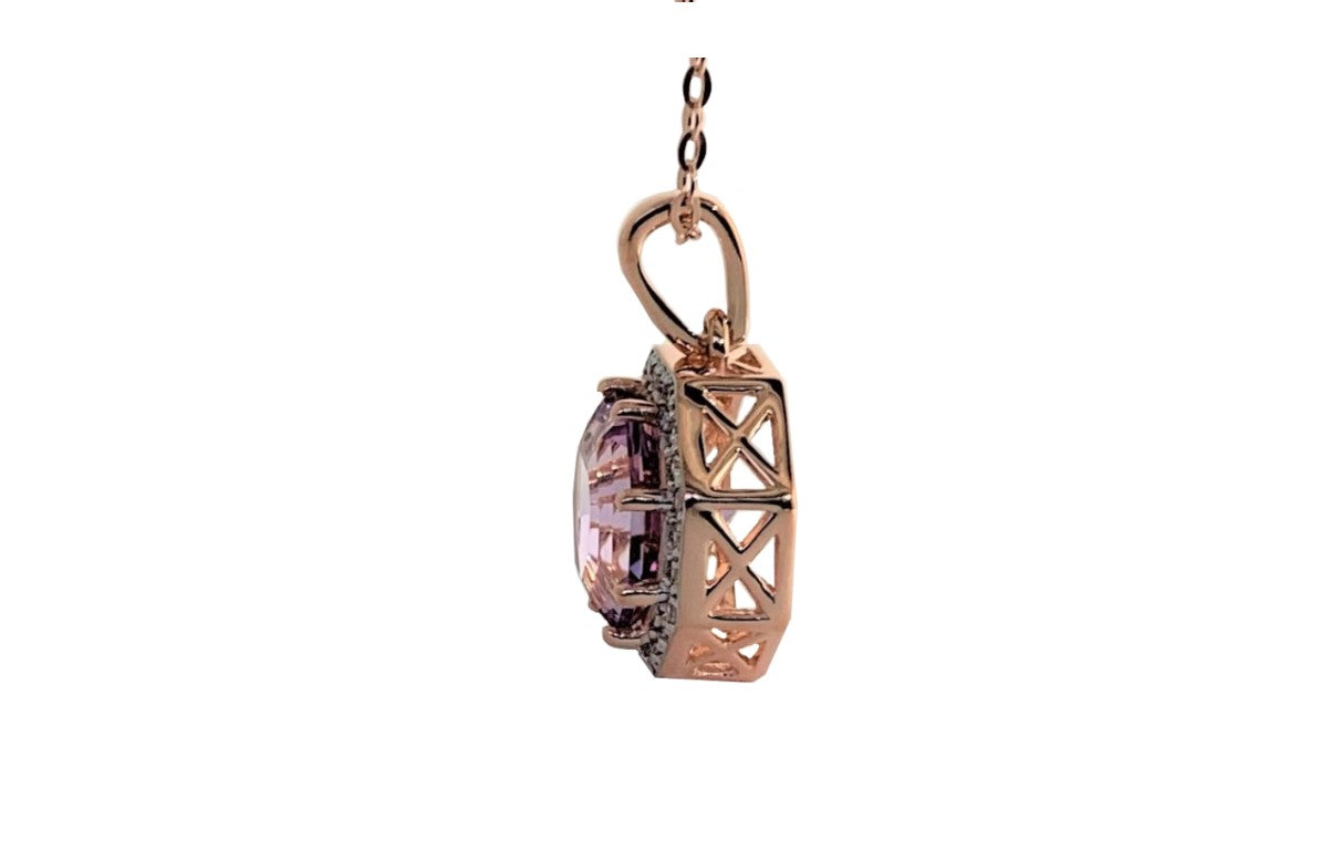 Classic Statement Halo Pink Amethyst FARA Cut & Natural White Zircon Pendant,18K Rose Gold Plated Sterling Silver