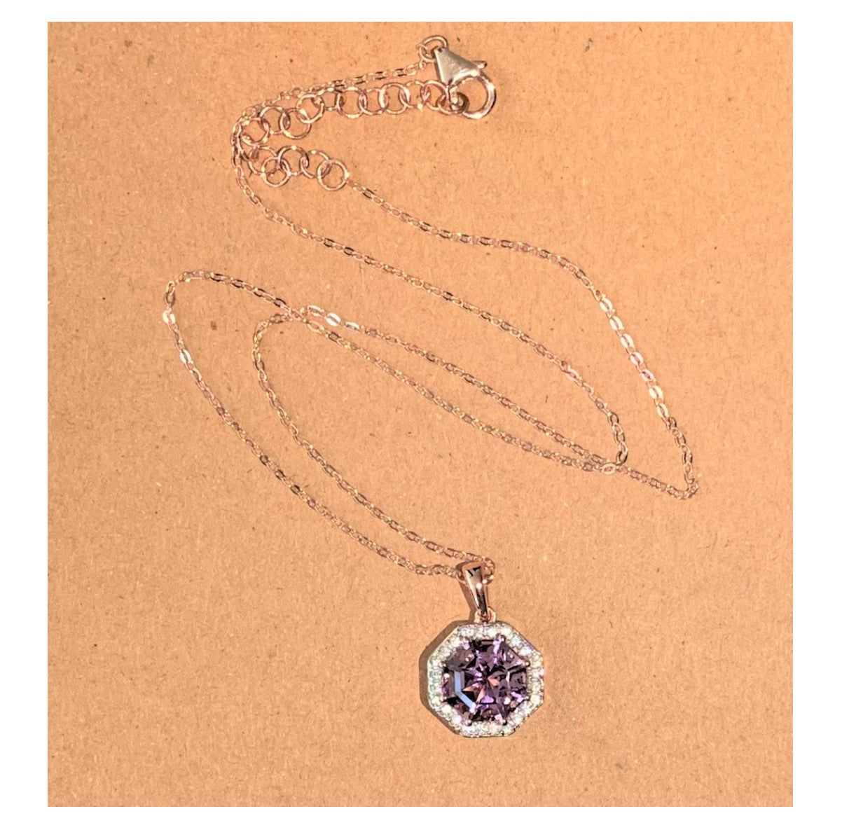 Classic Statement Halo Pink Amethyst FARA Cut & Natural White Zircon Pendant,18K Rose Gold Plated Sterling Silver