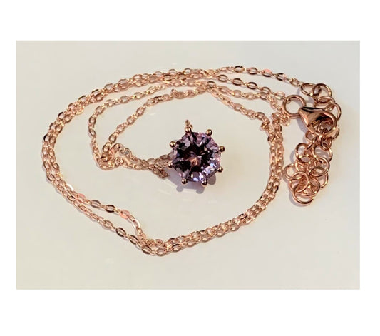 Classic Solitaire Pink Amethyst FARA Cut Necklace,18K Rose Gold Plated Sterling Silver