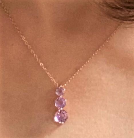 FARA Three Stone Pink Amethyst Drop Pendant Necklace,18K Rose Gold Plated Sterling Silver with 18 inch Chain
