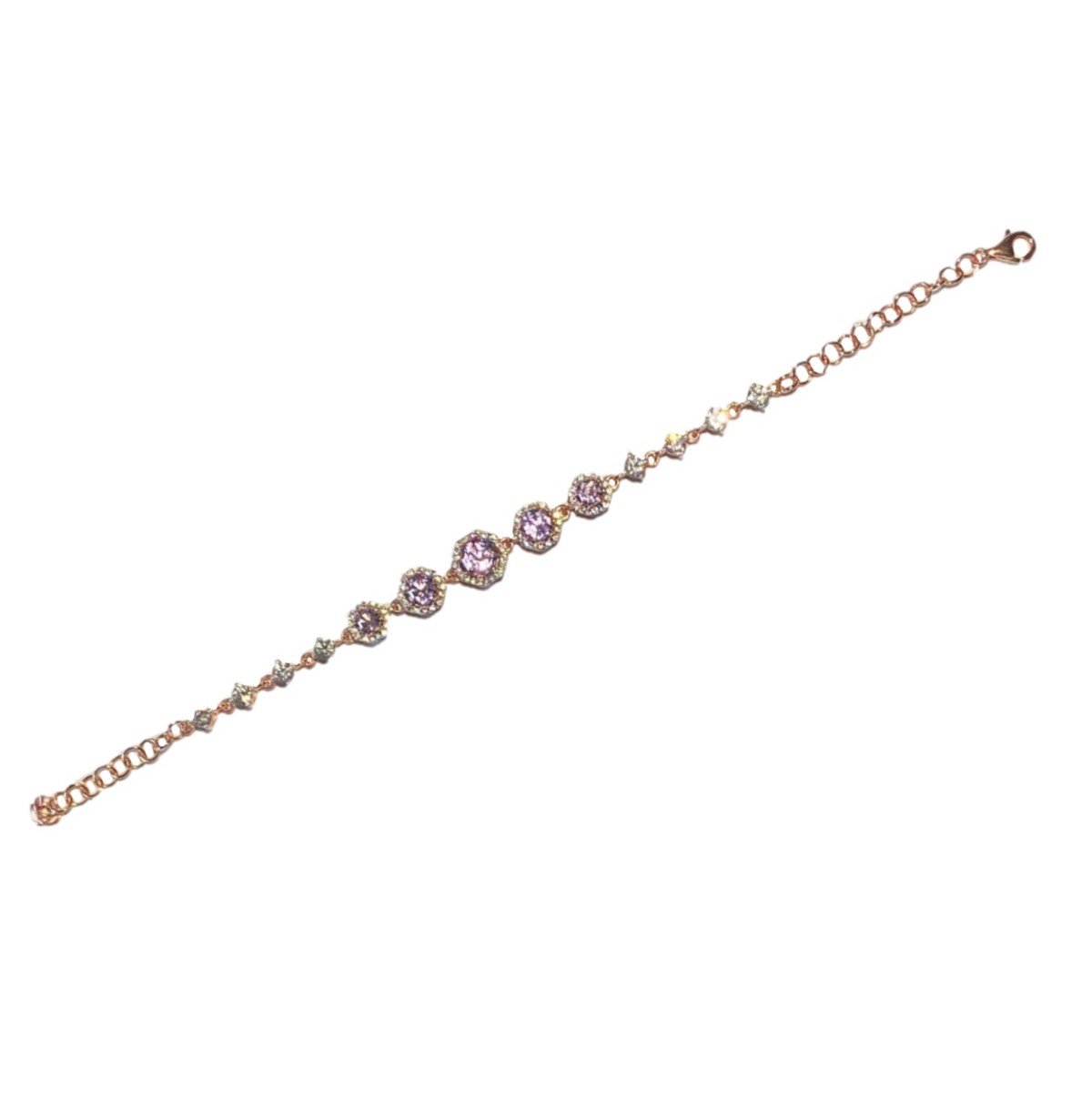 FARA Pink Amethyst with White Zircon Halo Link Bracelet, 18K Rose Gold plated Silver, Fine Jewelry for Women