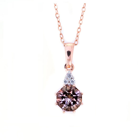 FARA Pink Amethyst & Natural White Zircon Pendant Necklace 18K Rose Gold Plated Silver 18 inch chain with extender for Women