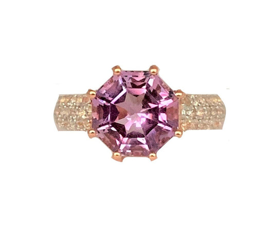 Classic Wide Pave Band Statement Pink Amethyst FARA Gem & White Zircon Ring,18K Rose Gold Plated Silver