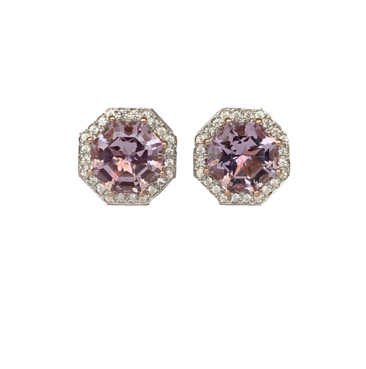 Classic Halo Pink Amethyst FARA Cut & Natural White Zircon Earring,18K Rose Gold Plated Silver