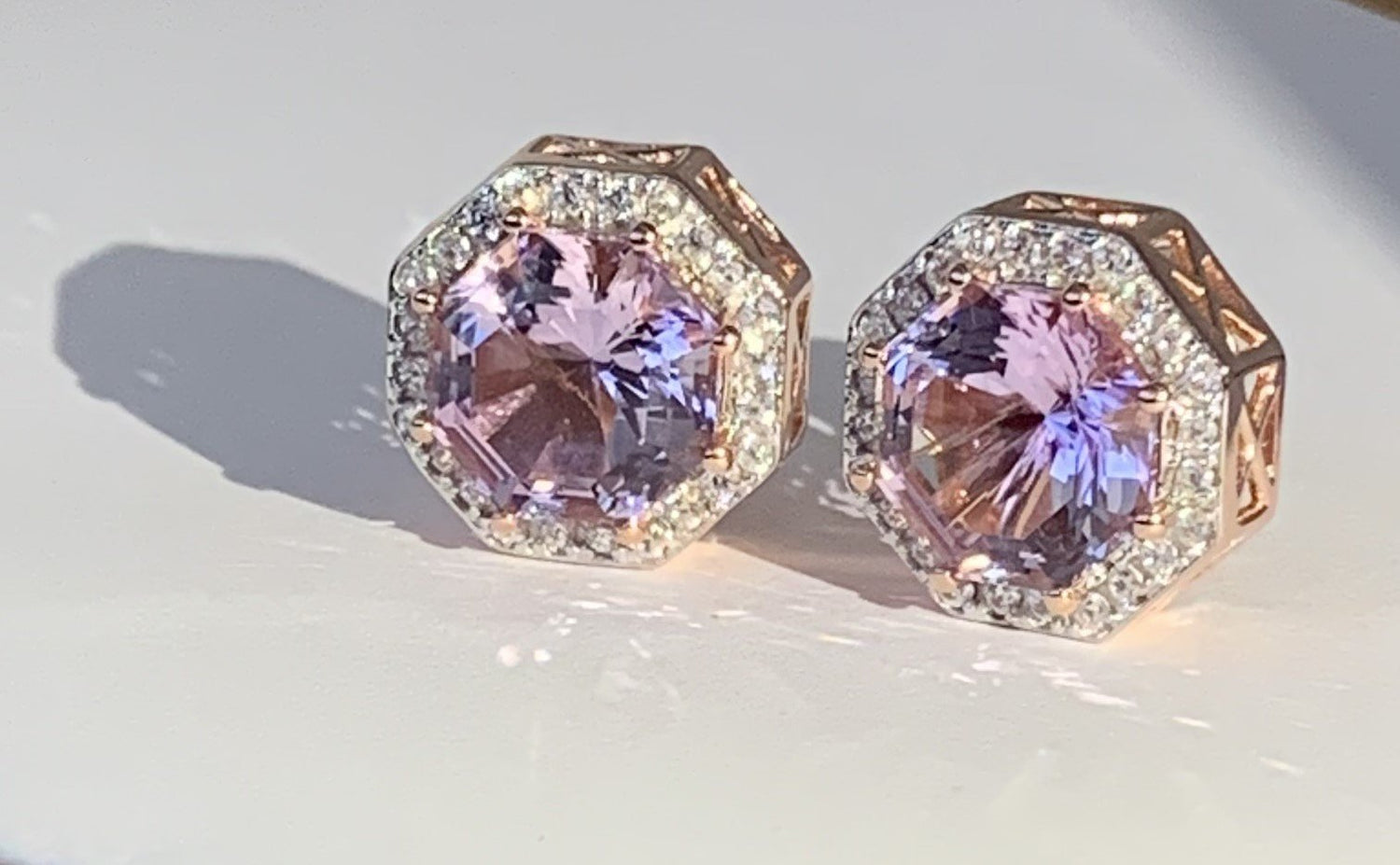 Classic Halo Pink Amethyst FARA Cut & Natural White Zircon Earring,18K Rose Gold Plated Silver