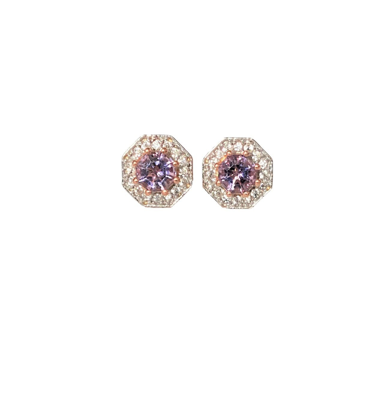 2.5 ct. Pink Amethyst & Natural White Zircon Halo Stud Earrings,18K Rose Gold Plated Silver February Birthstone fine jewelry gift for women